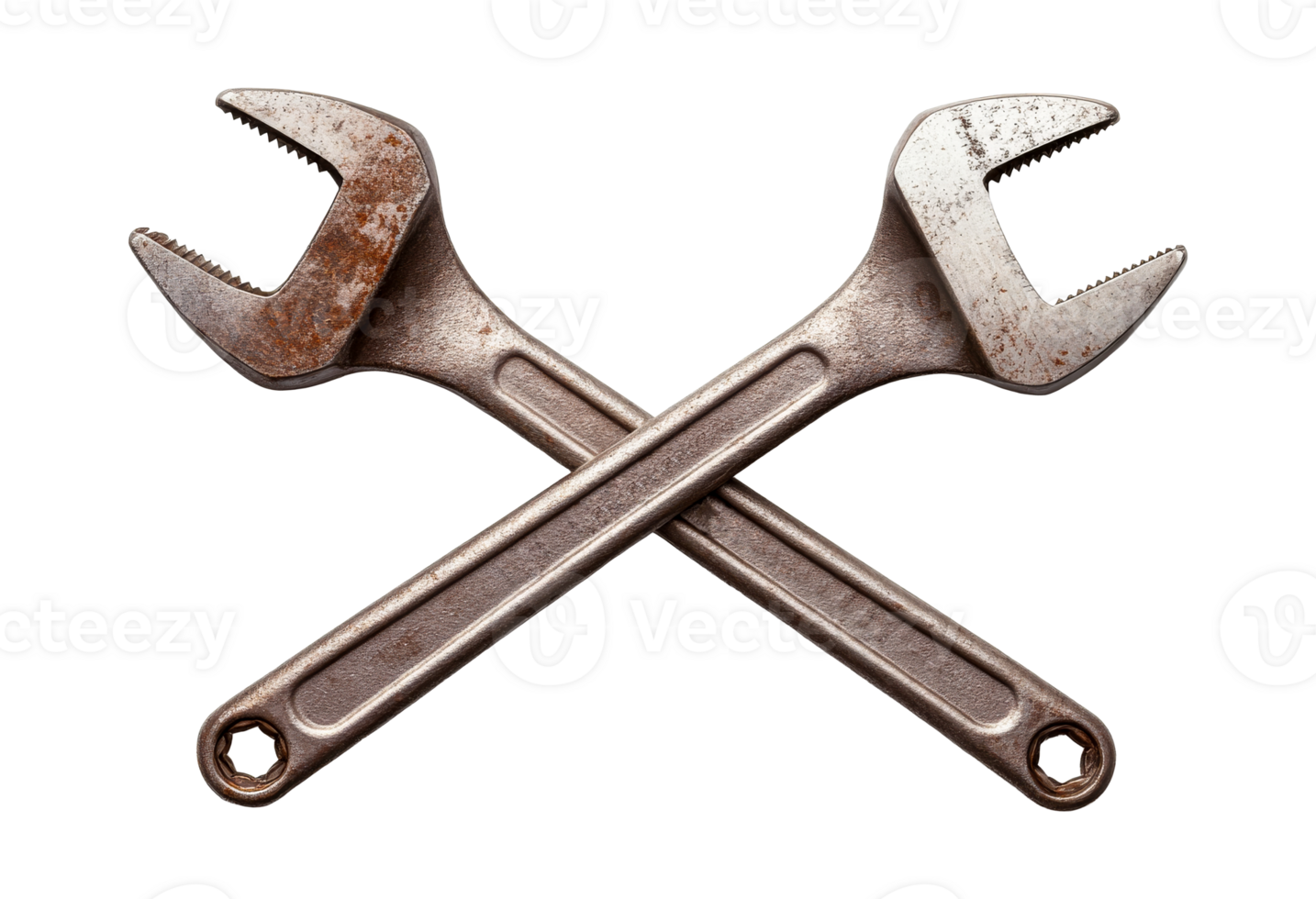 Crossed wrenches showing wear and age on a transparent background png