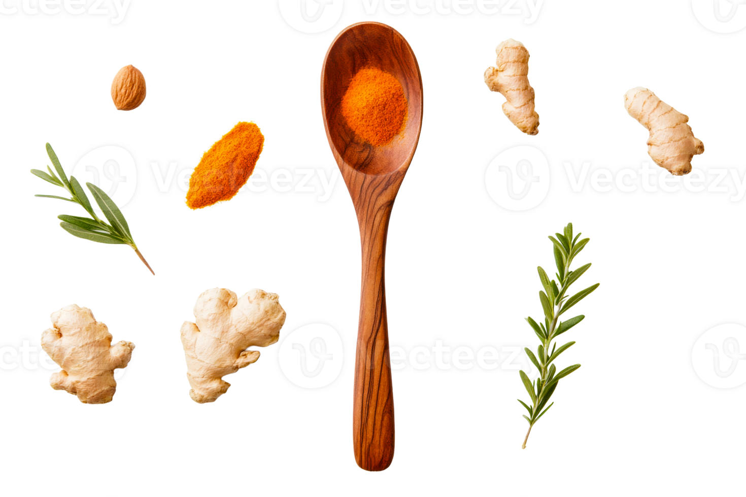 Ginger and spices arranged with wooden spoon on transparent background png