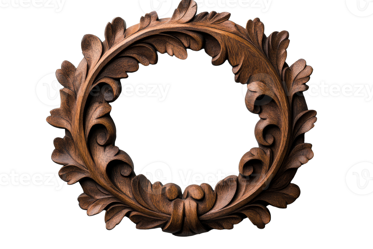 Beautiful carved wooden wreath with intricate leaf details png