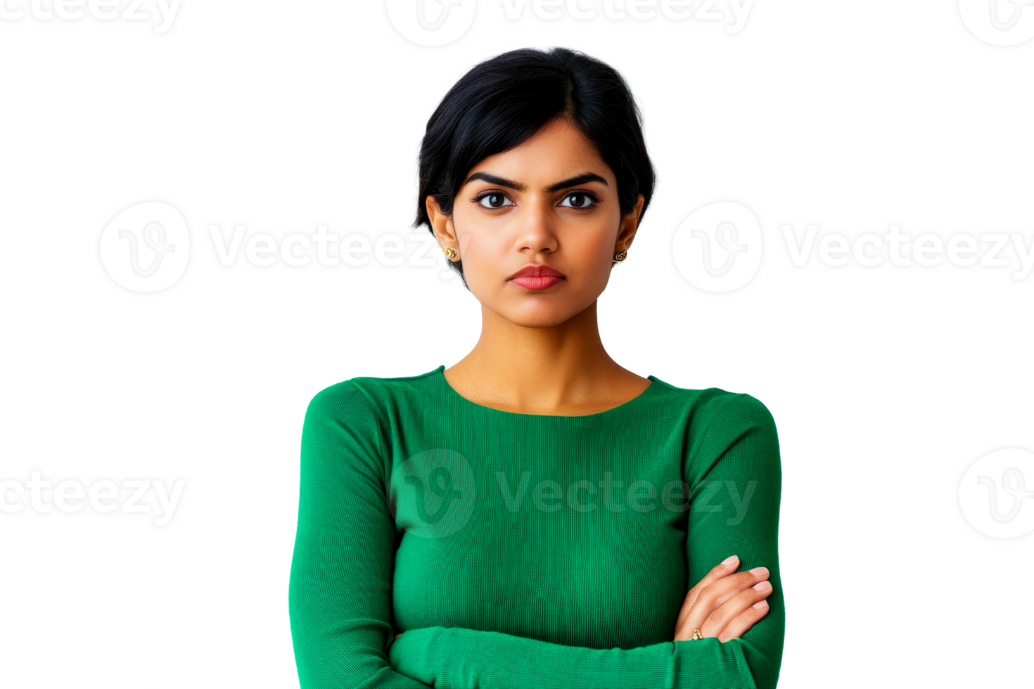 Confident woman in green top with crossed arms, transparent bg png