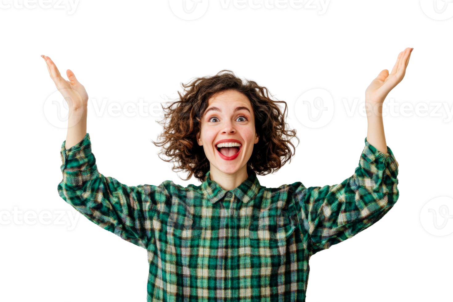 Woman celebrating with joy and excitement in a checkered shirt png