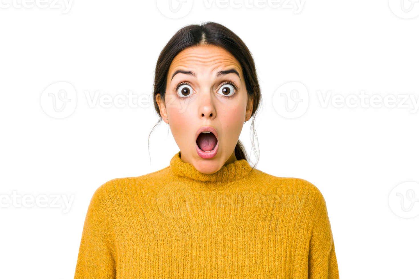 Surprised woman in a yellow sweater expressing shock png
