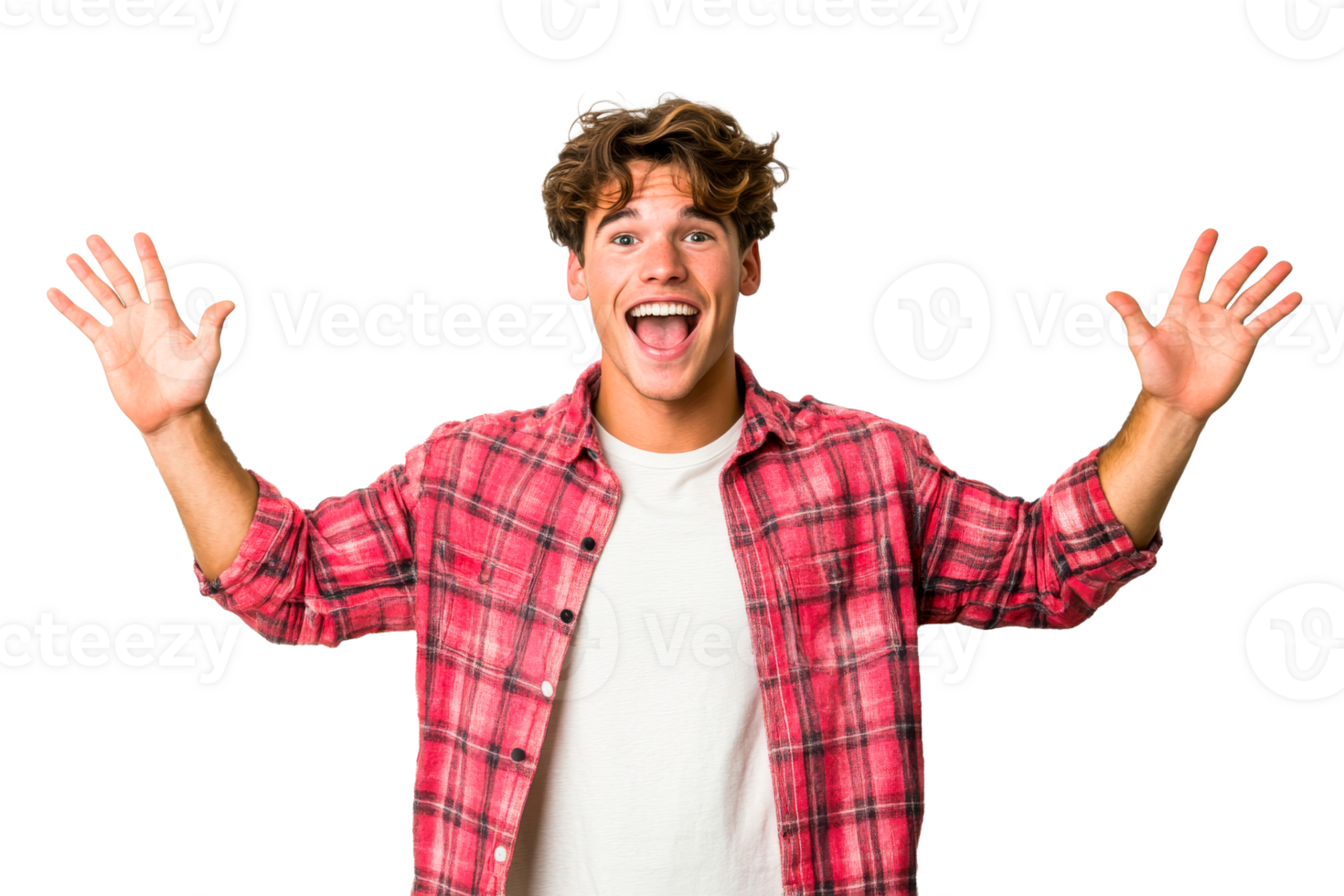Cheerful young man expressing happiness with raised hands png
