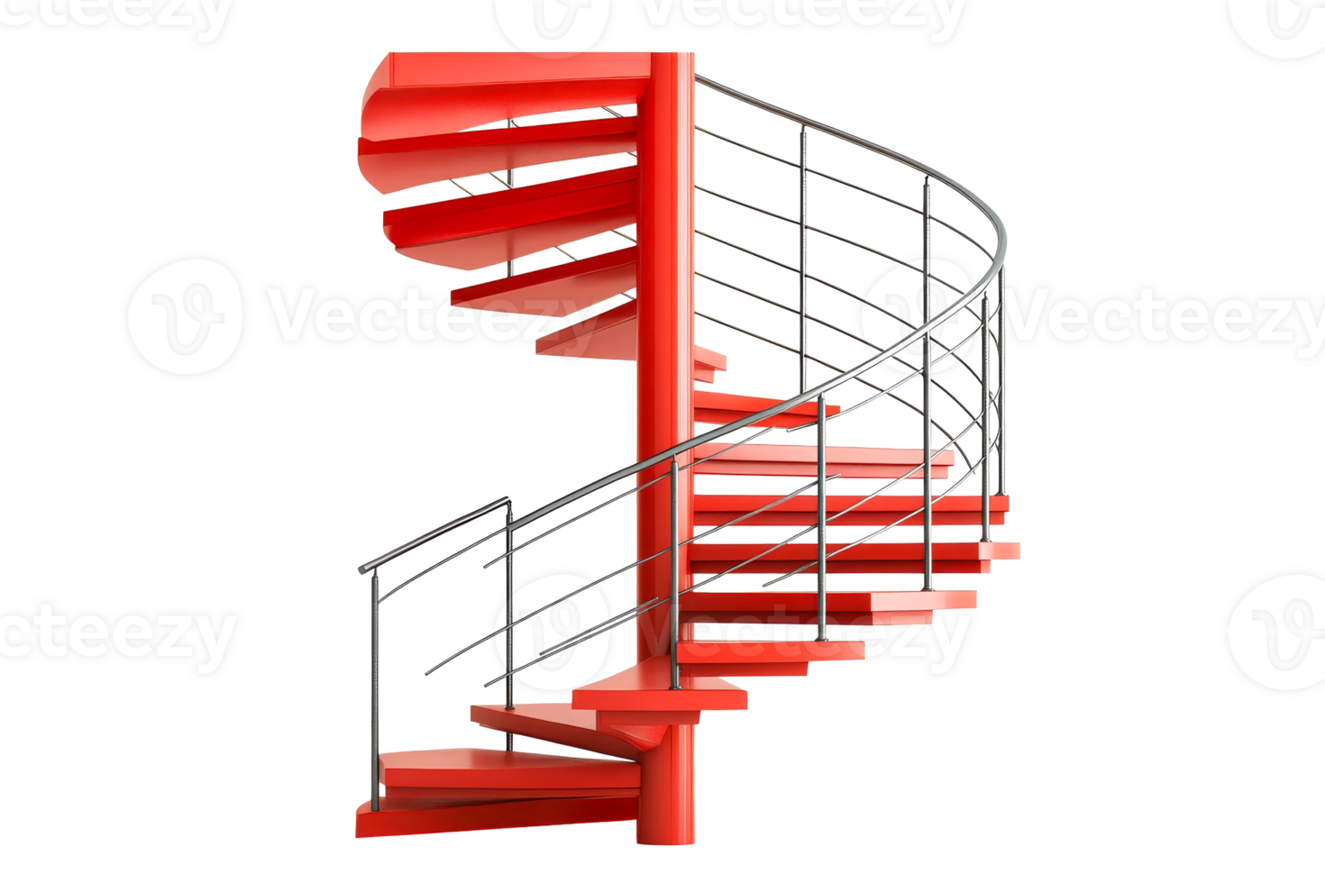 Spiral staircase design with bright red steps and modern railing png