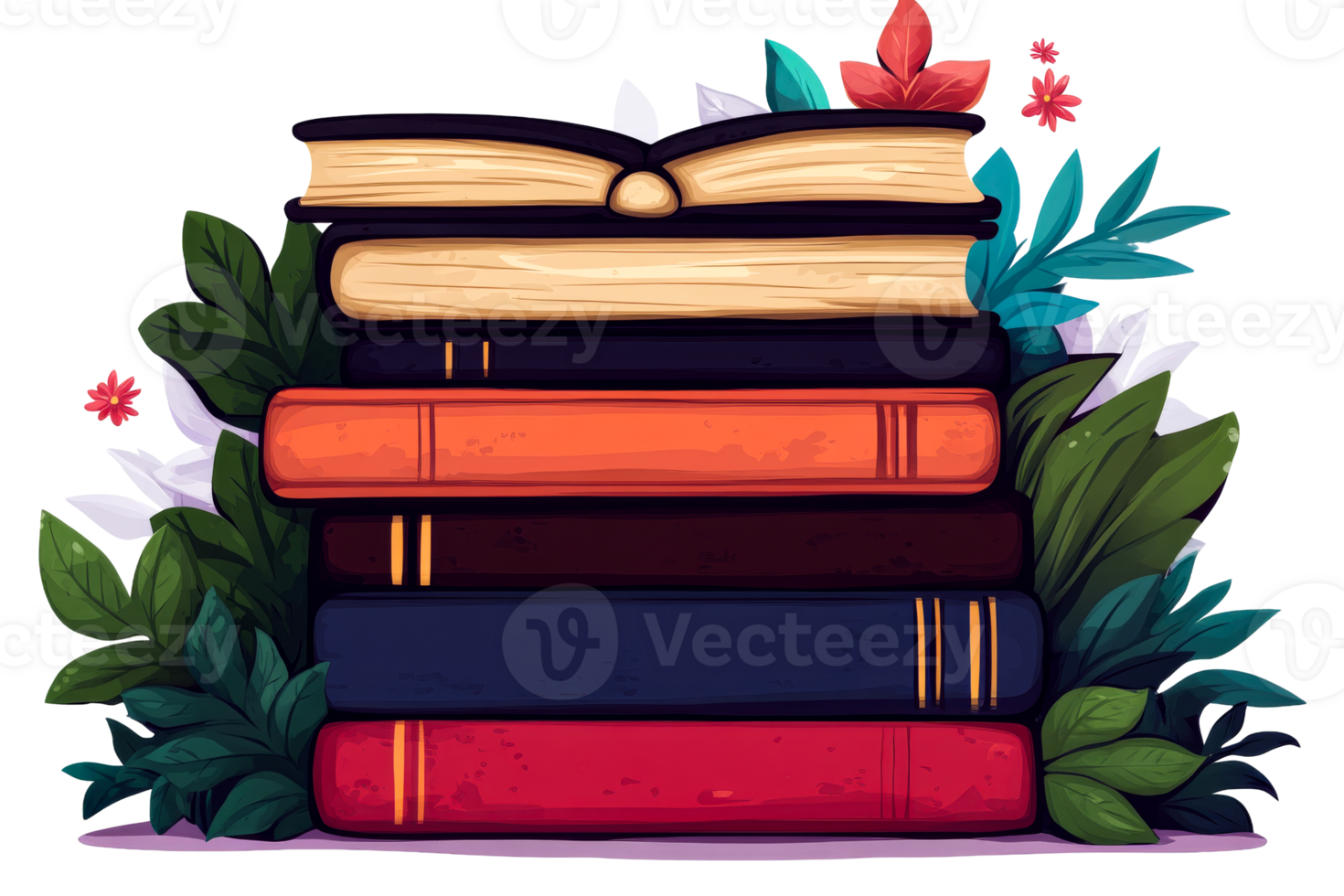Stack of colorful books surrounded by green leaves and flowers png