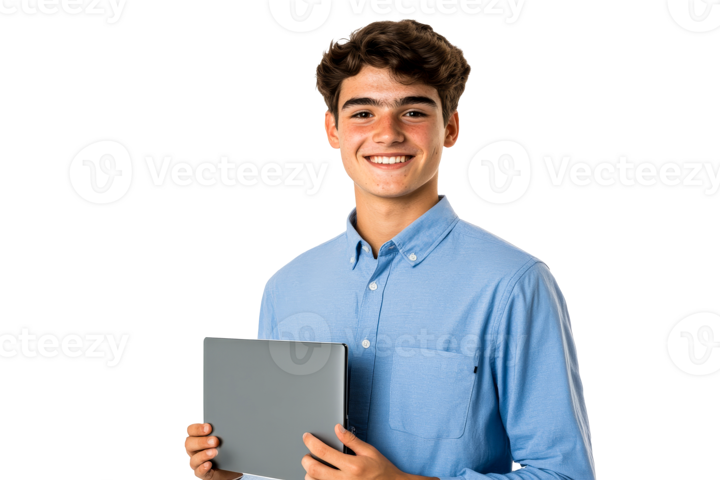 Young man smiling while holding a tablet in a friendly manner png