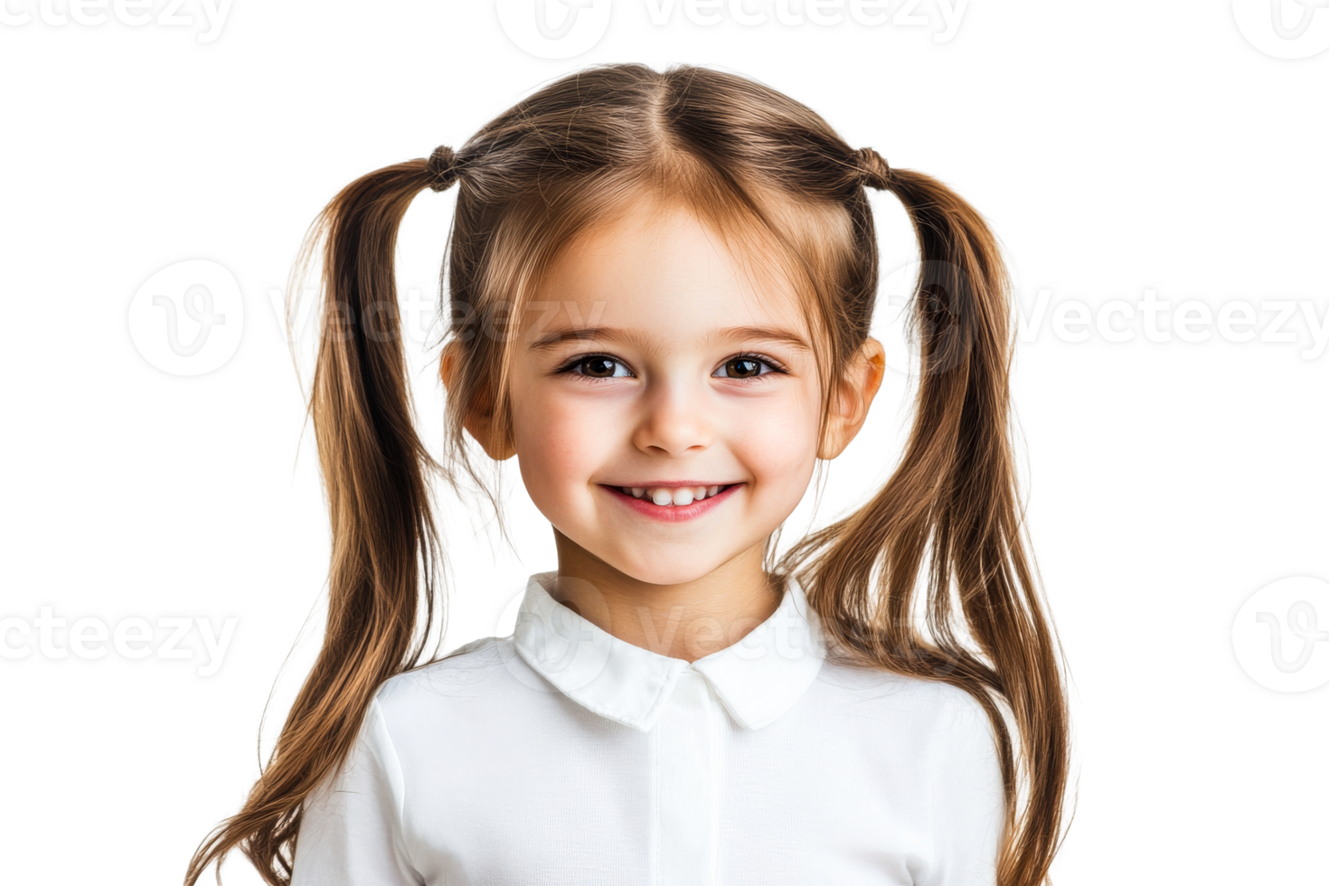 A girl with long brown hair in pigtails is smiling brightly png