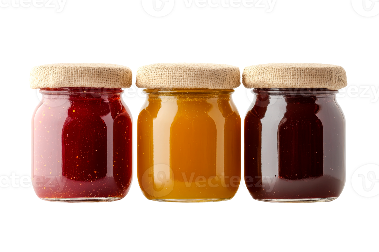 Colorful fruit preserves in glass jars with burlap covers png