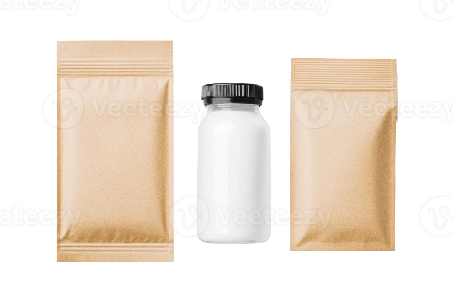 Two brown packages and a white bottle on a transparent background png