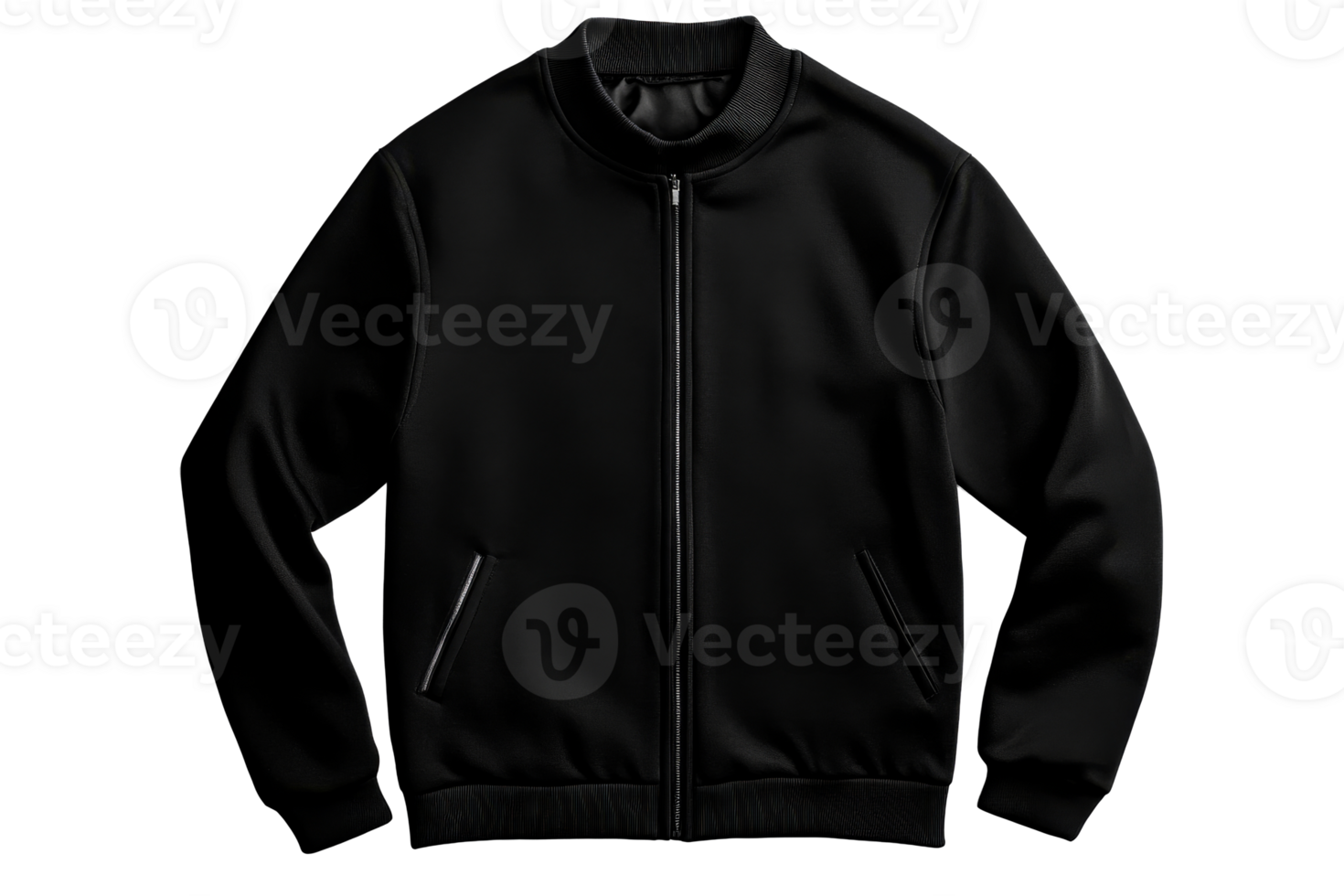 Black zip up jacket with two side pockets and round collar png