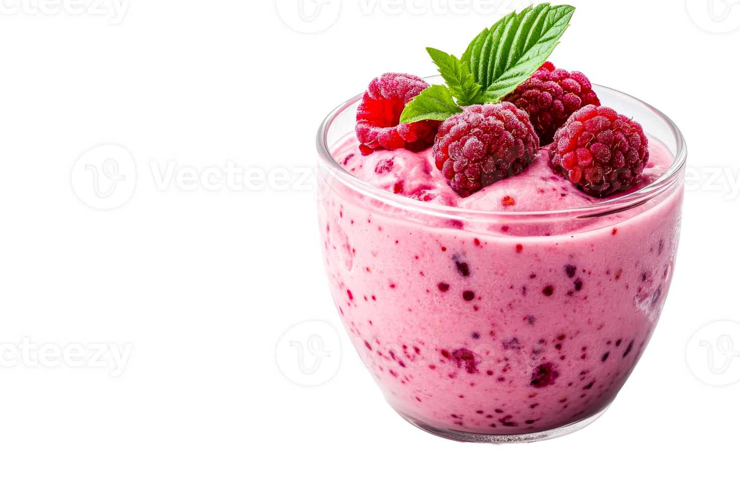 Creamy raspberry dessert in a clear bowl with mint leaves png