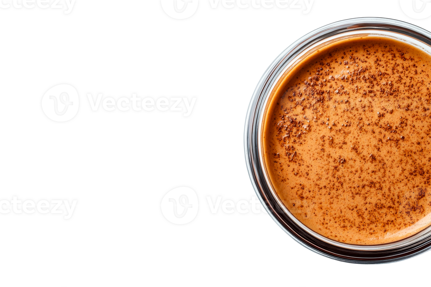 Rich coffee topped with cocoa powder in a clear glass jar png