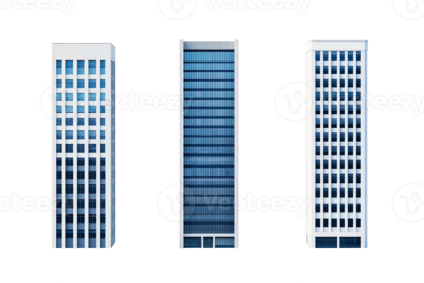 Modern office buildings with glass facades and white frames png