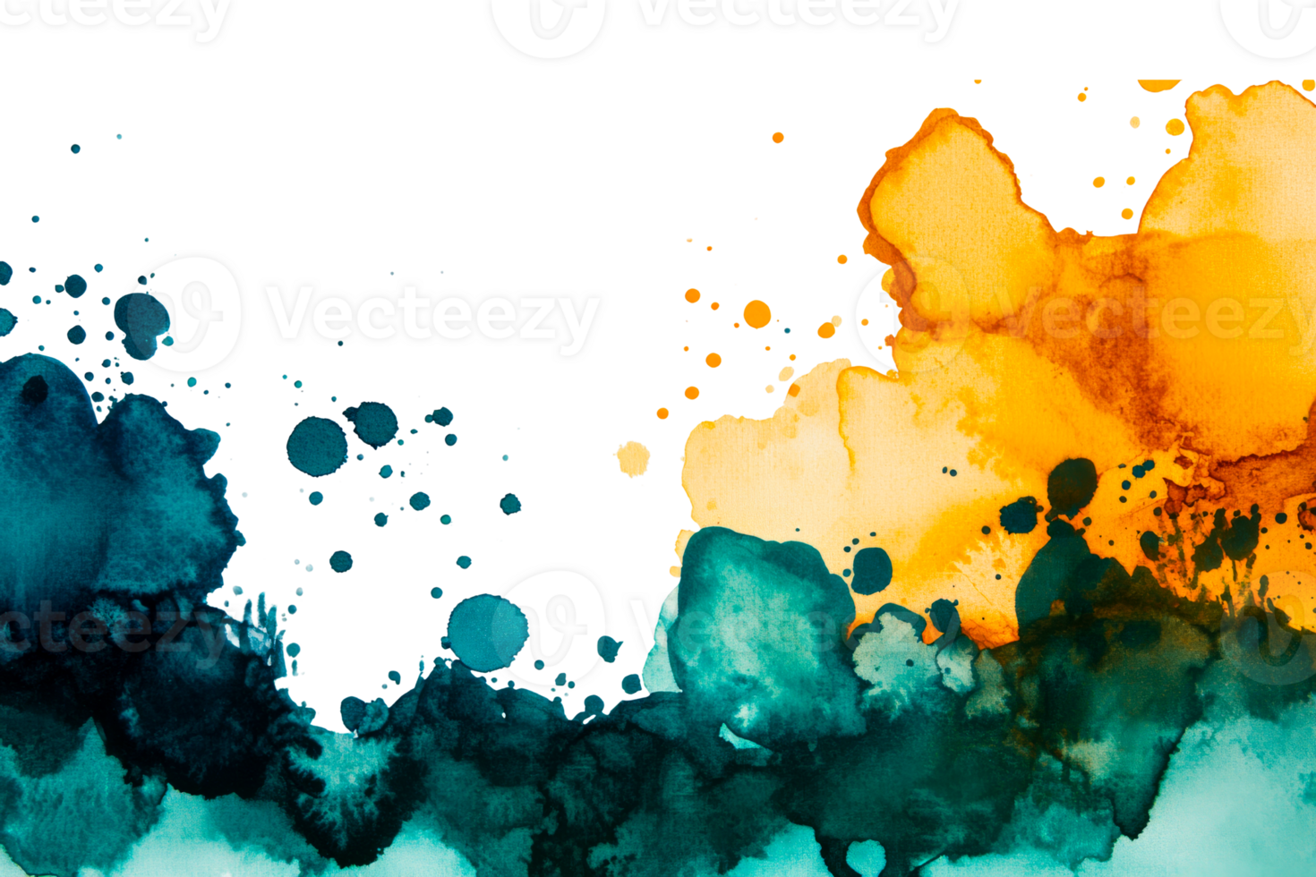 Vibrant abstract painting with splashes of orange and teal colors png
