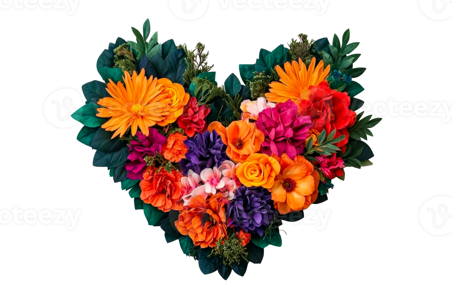 Colorful floral heart arrangement on a transparent background png