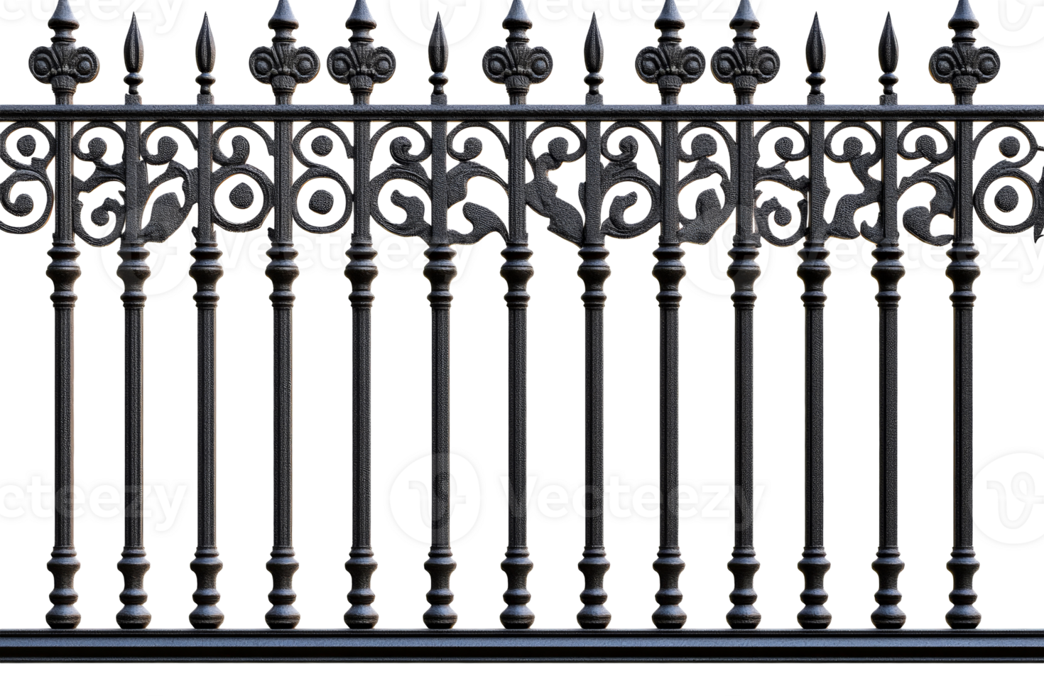 Decorative wrought iron fence with intricate patterns and designs png