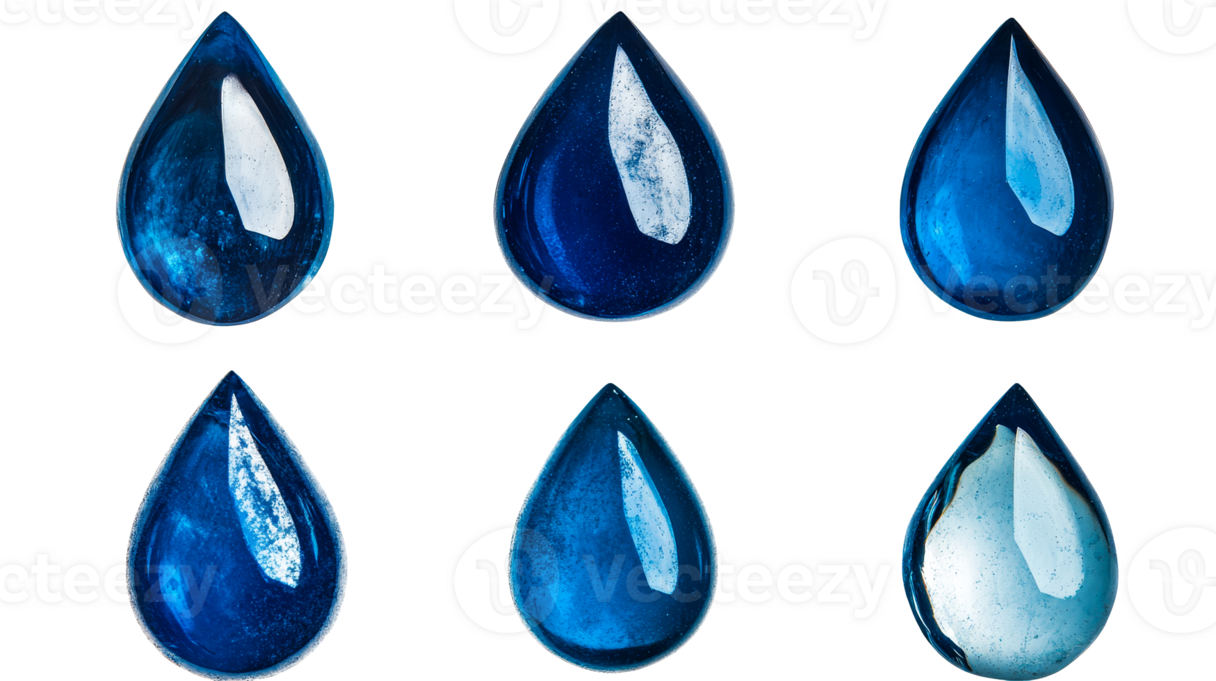 Various blue water droplets on a transparent background in close up png