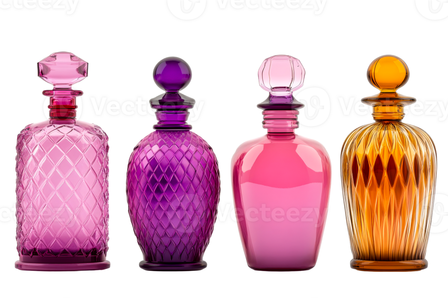 Elegant collection of colorful glass bottles with unique designs png
