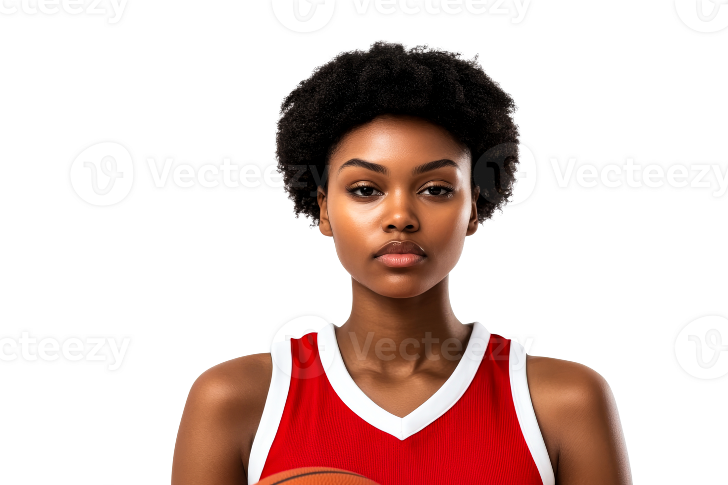 Young female athlete holding a basketball in a sports uniform png