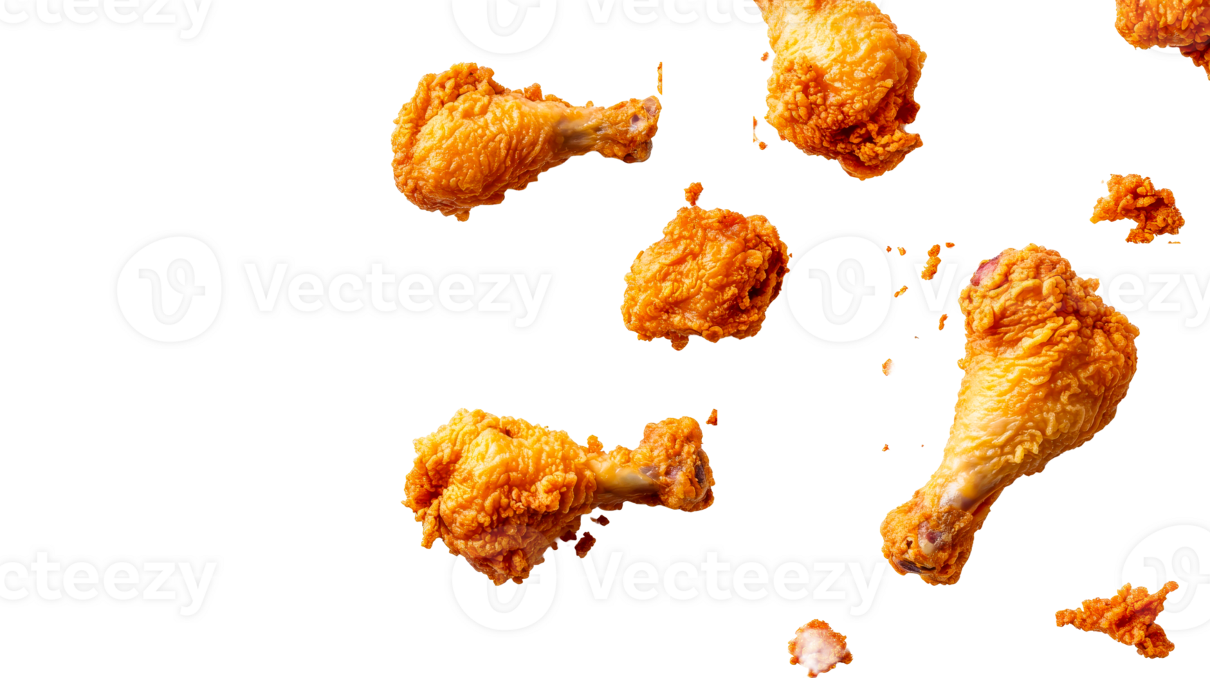 Crispy fried chicken drumsticks falling on a transparent background png