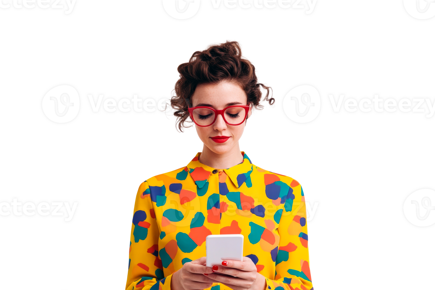 Woman with colorful shirt using smartphone on transparent background png