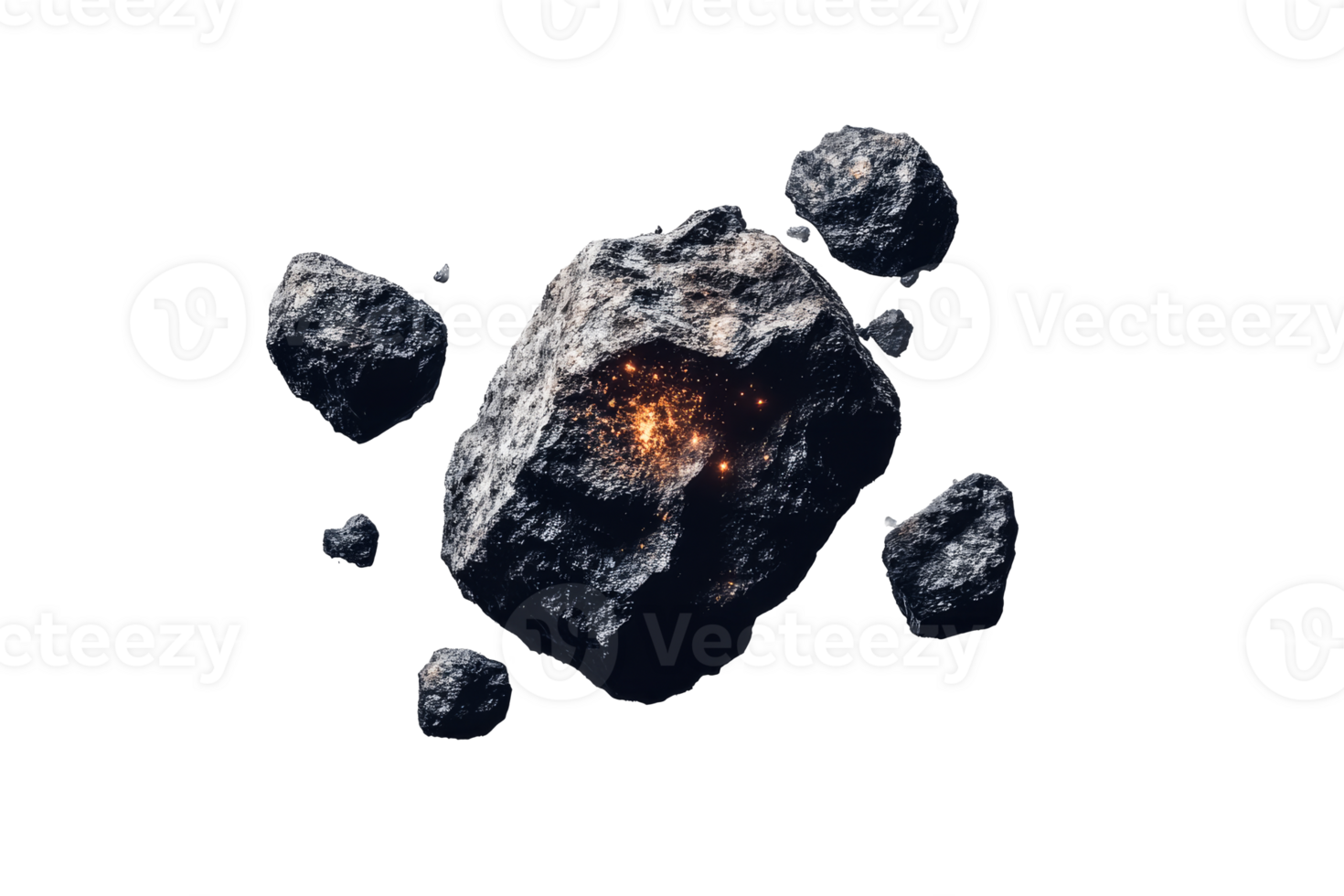 Asteroid with glowing particles floating in space png