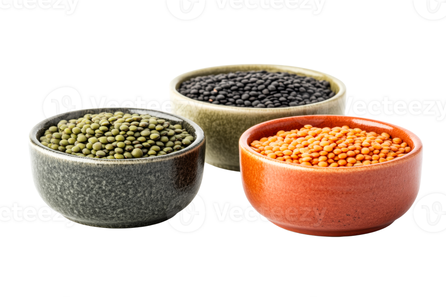 Three bowls of lentils arranged on a transparent background png