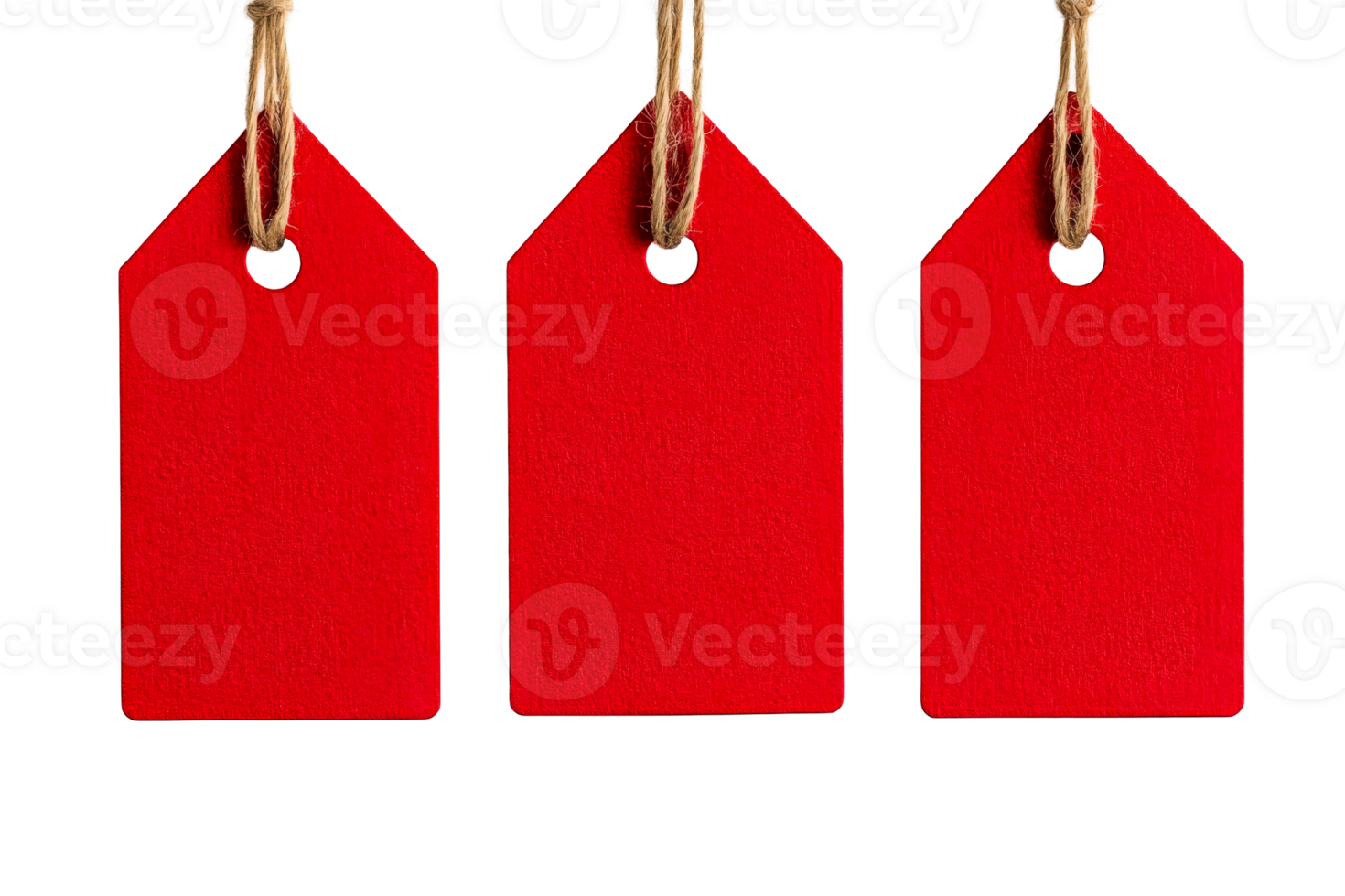 Bright red price tags hanging with twine on transparent background png