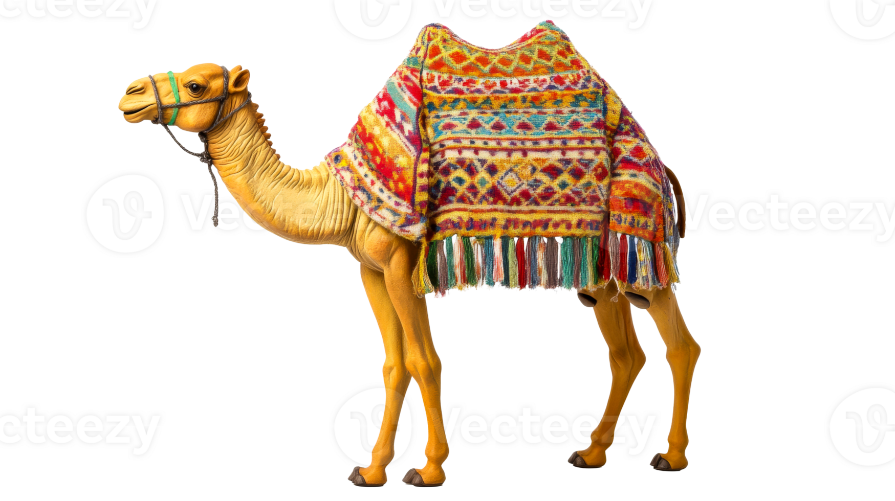 Colorful camel adorned with blanket standing on transparent background png