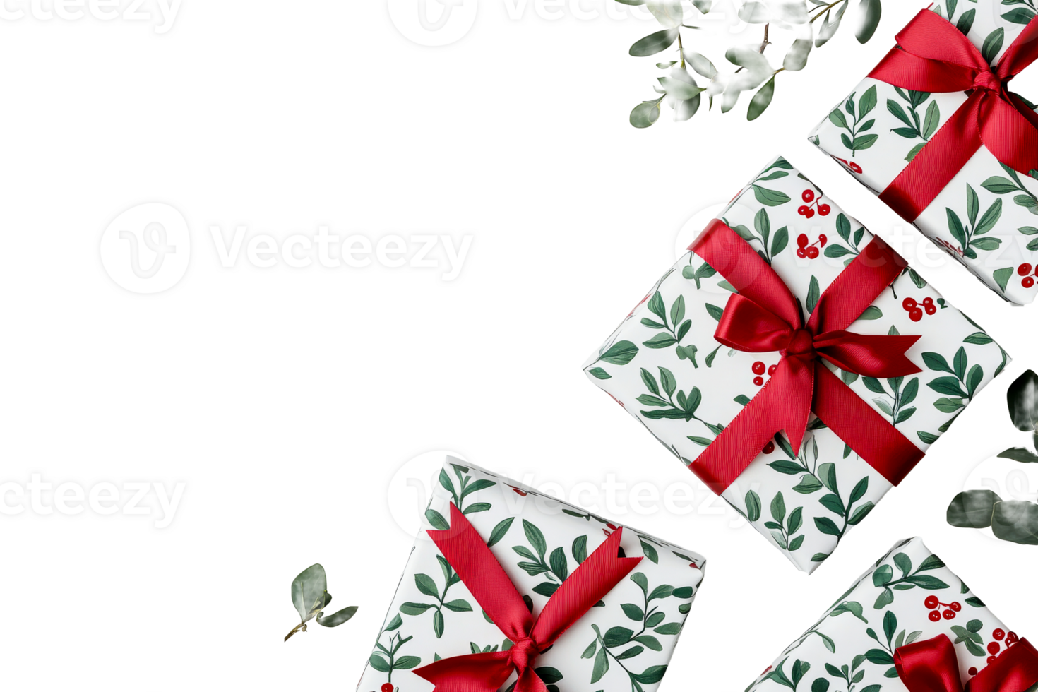 Festive gift boxes with red ribbons on a white background png