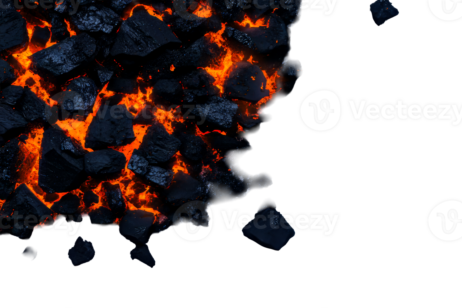 Red hot lava rocks with black volcanic stones on transparent ground png