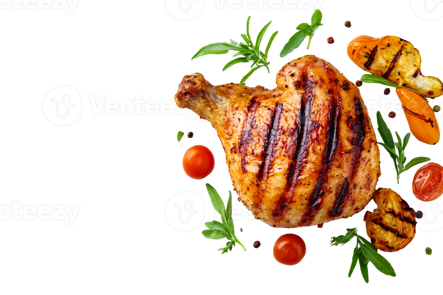 Grilled chicken thigh with herbs and veggies, transparent bg png
