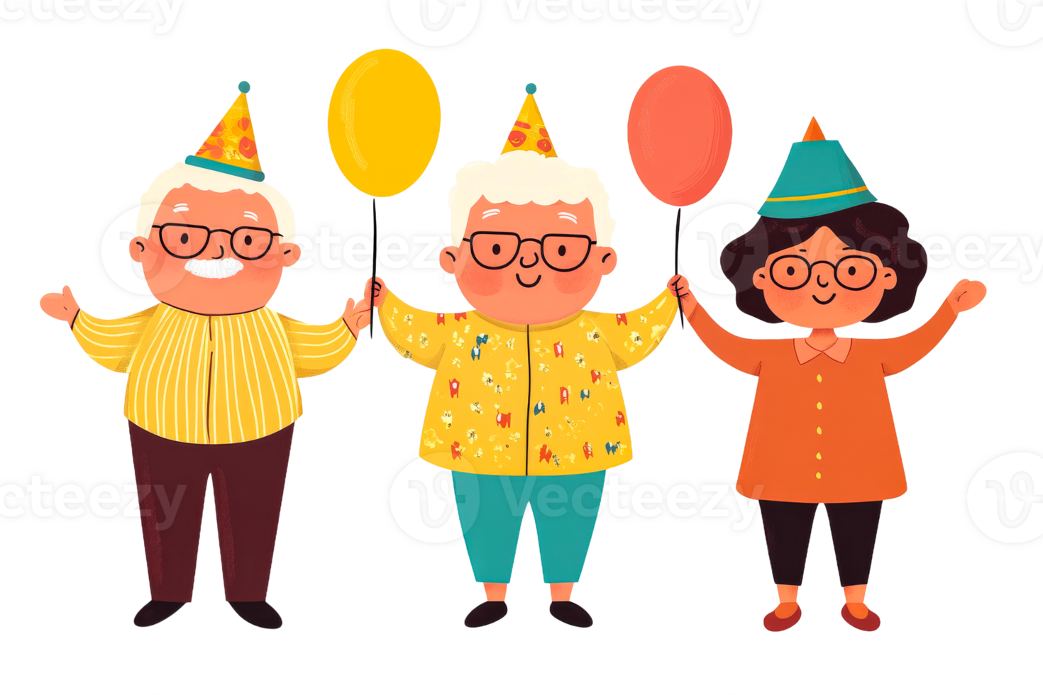 Celebration of elderly friends with balloons and party hats png