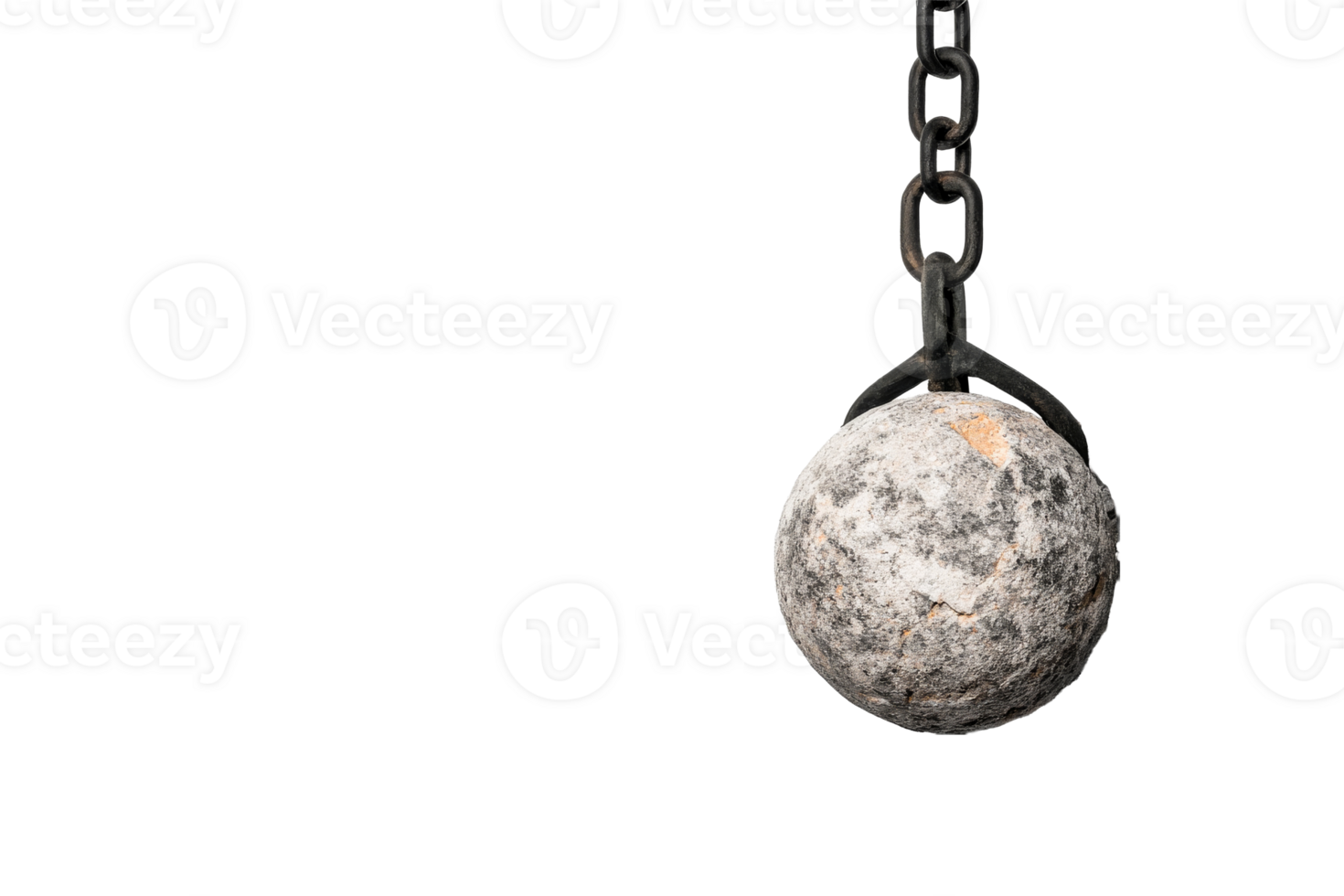 Heavy metallic wrecking ball hanging from a chain for demolition work png