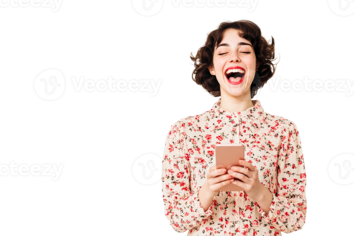 Young woman joyfully holding phone with a cheerful expression png