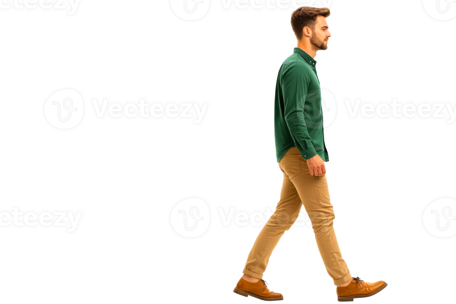 Man walking casually in a green shirt and tan pants png