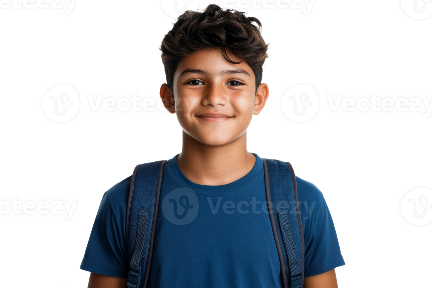 Young boy with backpack smiling against transparent background png