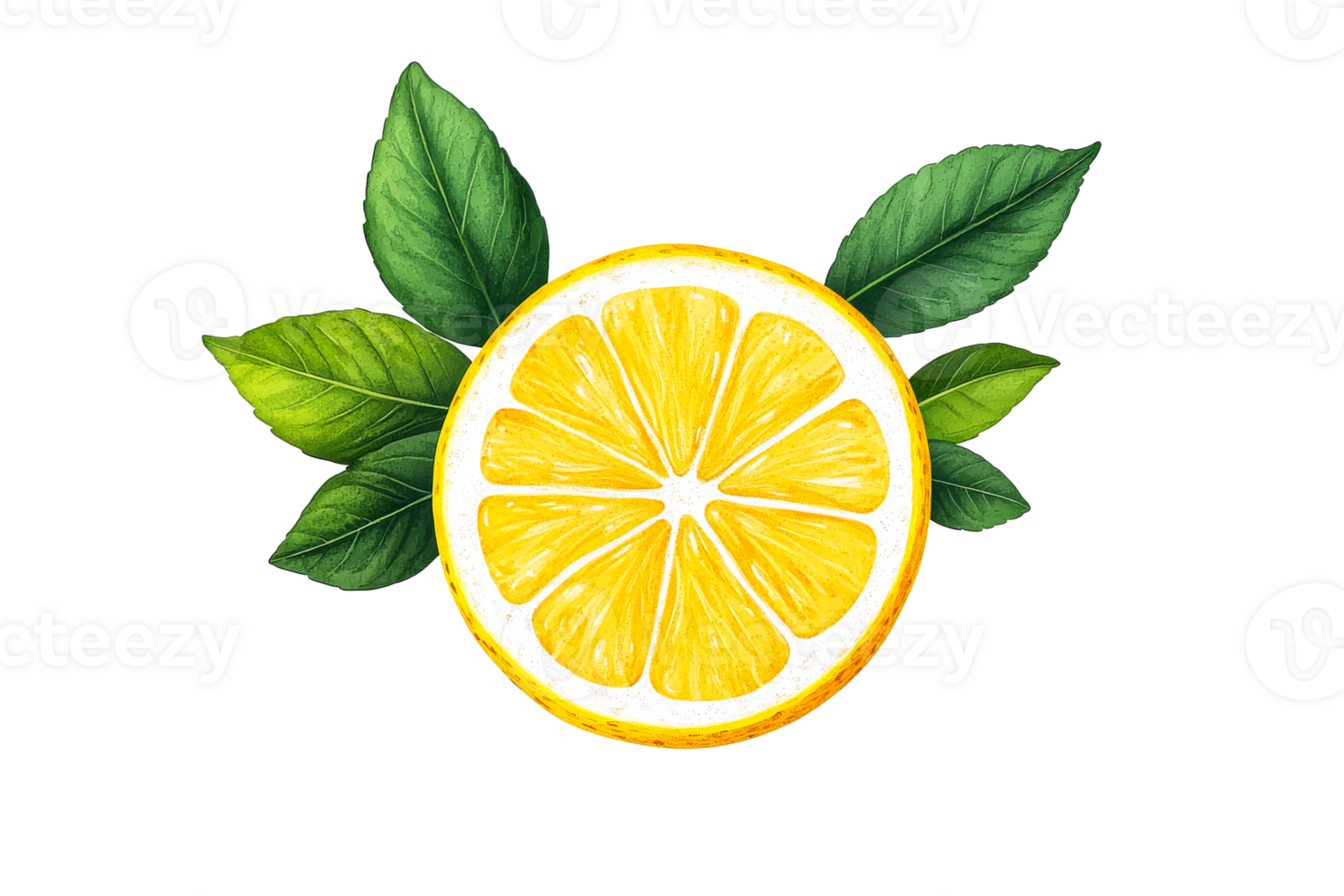 Bright lemon slice with fresh green leaves on a transparent background png
