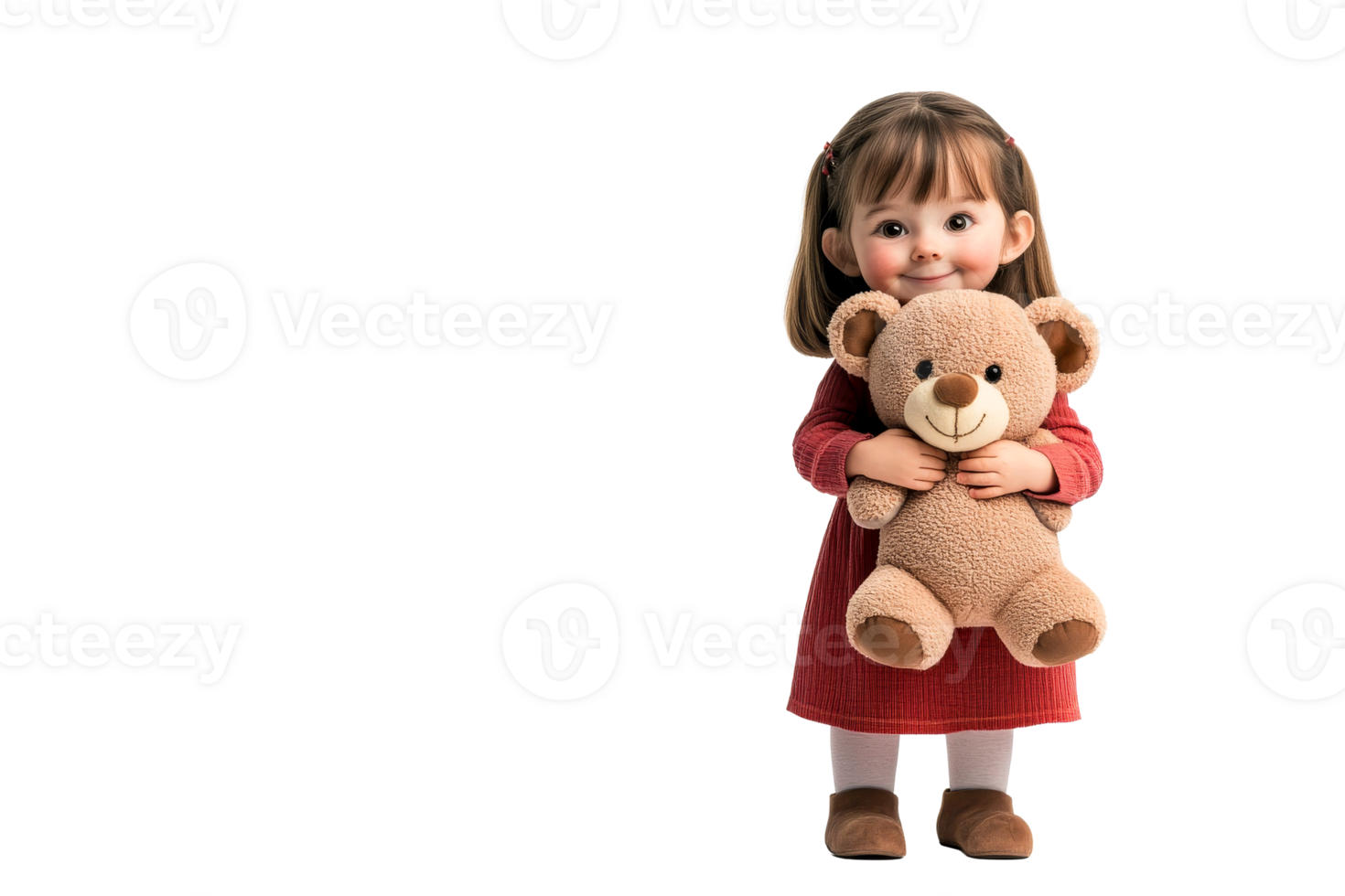 Little girl with teddy bear in a red dress on a transparent background png