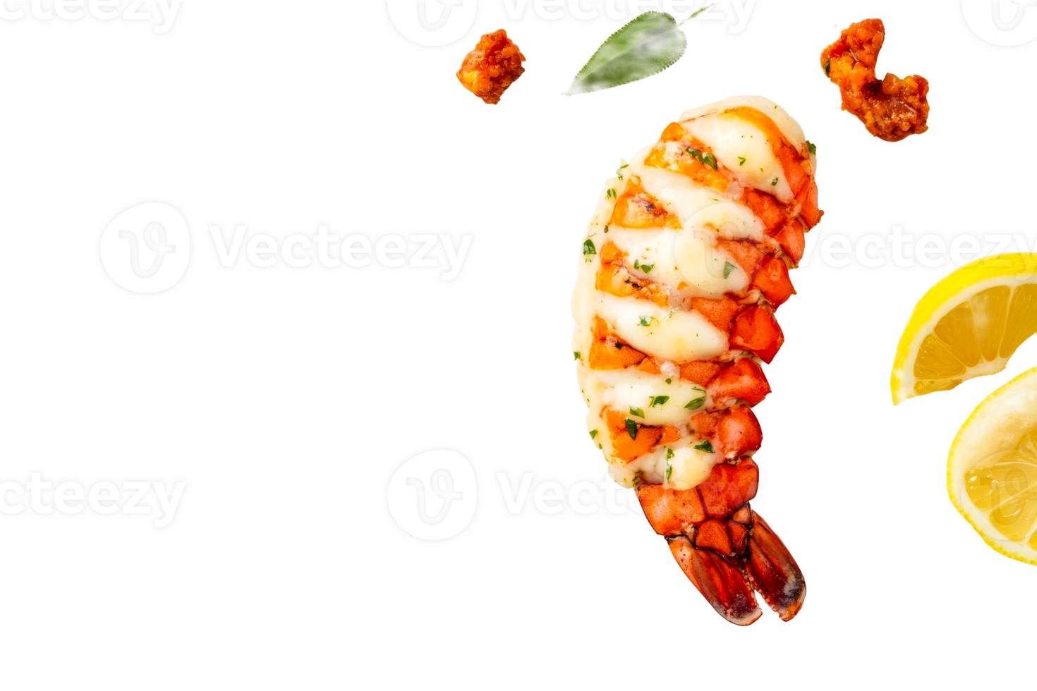 Grilled shrimp with sauce and garnish on clear background png