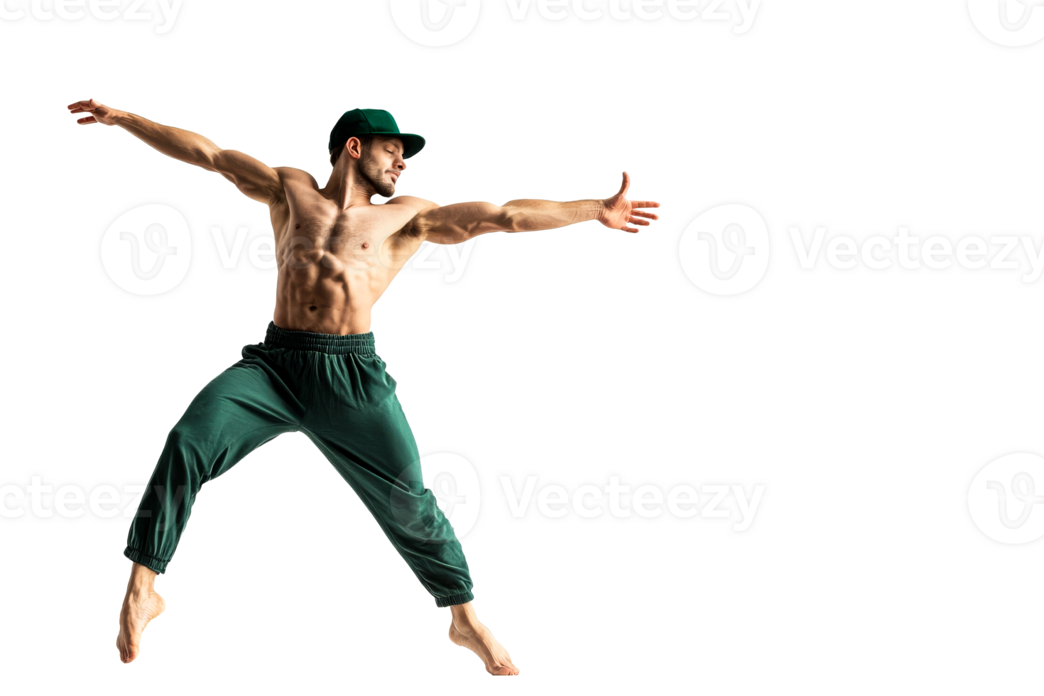 Male dancer performing dynamic jump in casual athletic wear png
