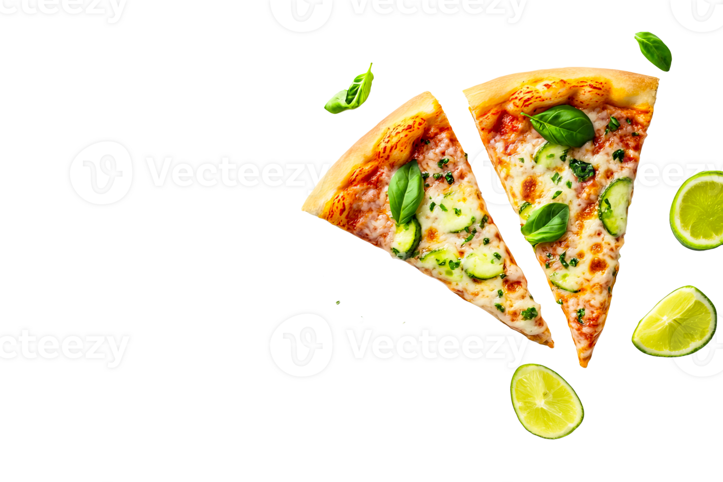 Fresh pizza slices with cucumber and lime arranged on a surface png