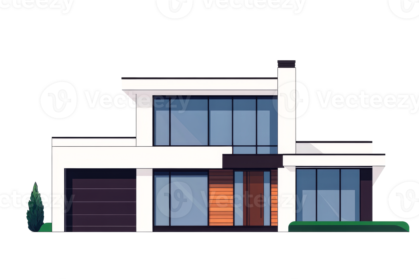 Contemporary house design with large windows and modern features png