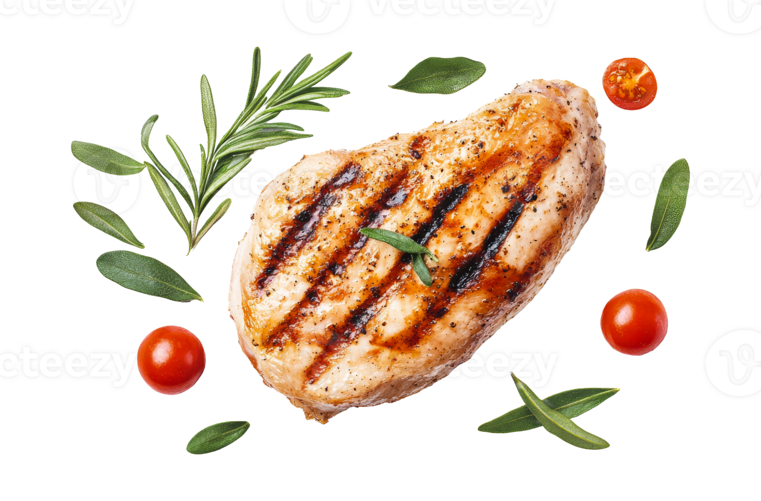 Grilled chicken breast garnished with fresh herbs and tomatoes png