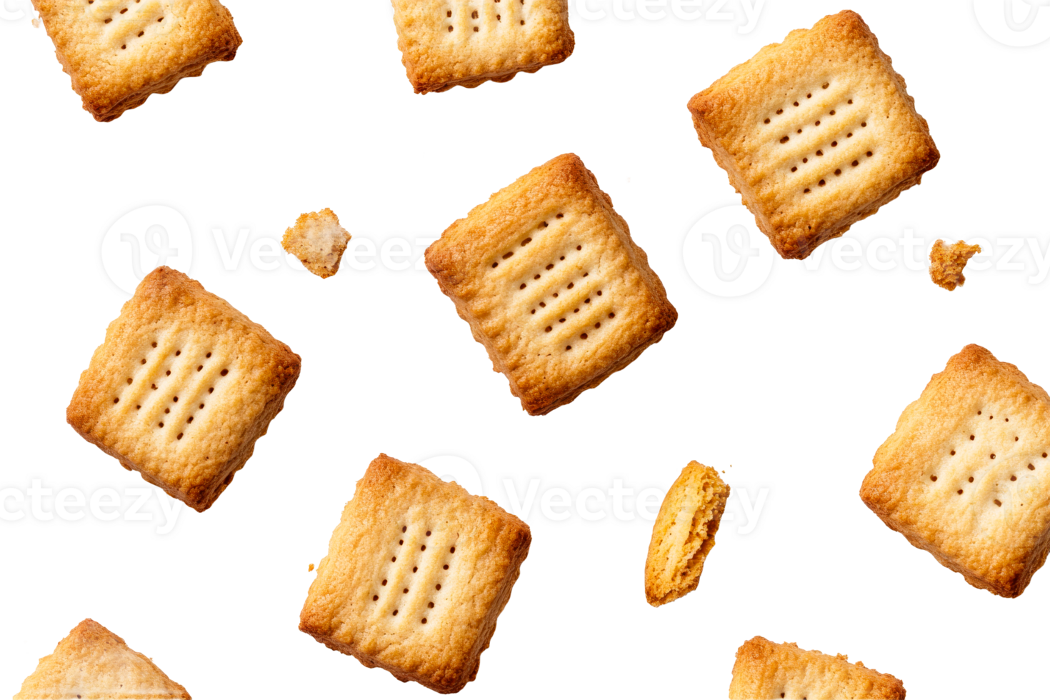 Delicious crispy biscuits scattered on a transparent background png