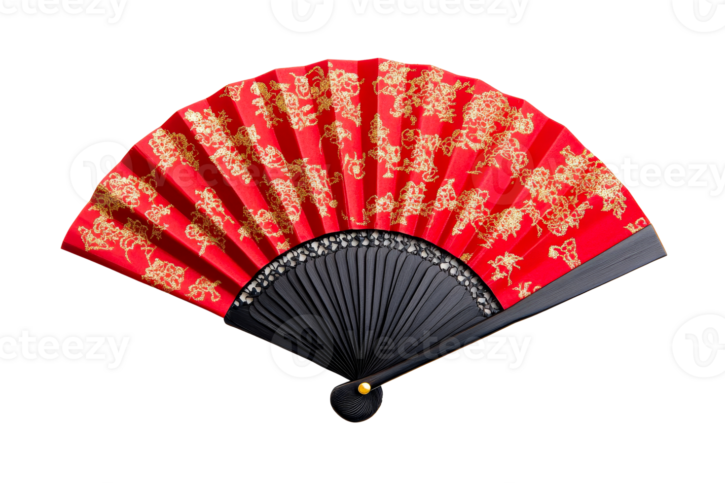 Elegant red folding fan with intricate gold design and black handle png