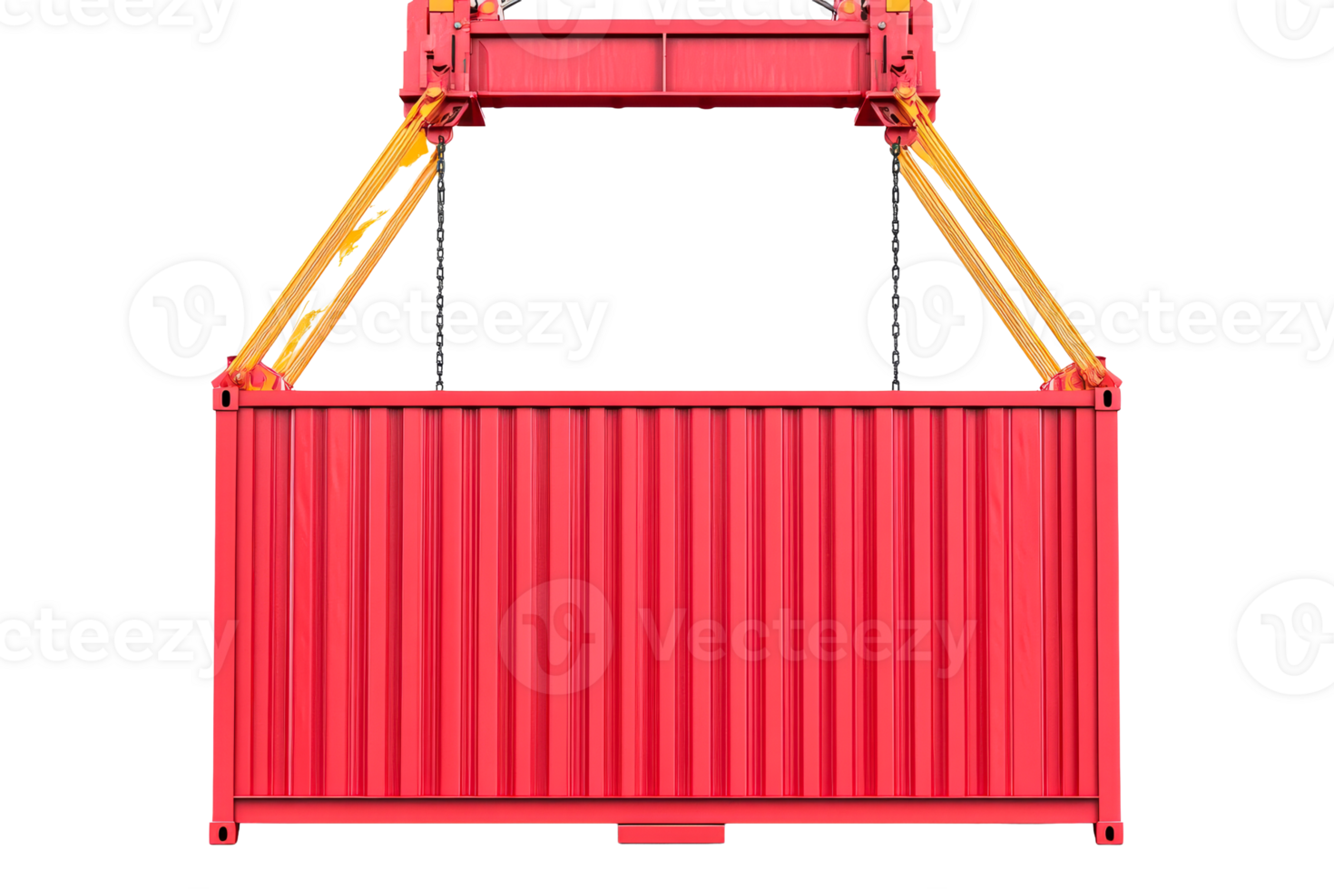 Red shipping container suspended by crane in a warehouse png