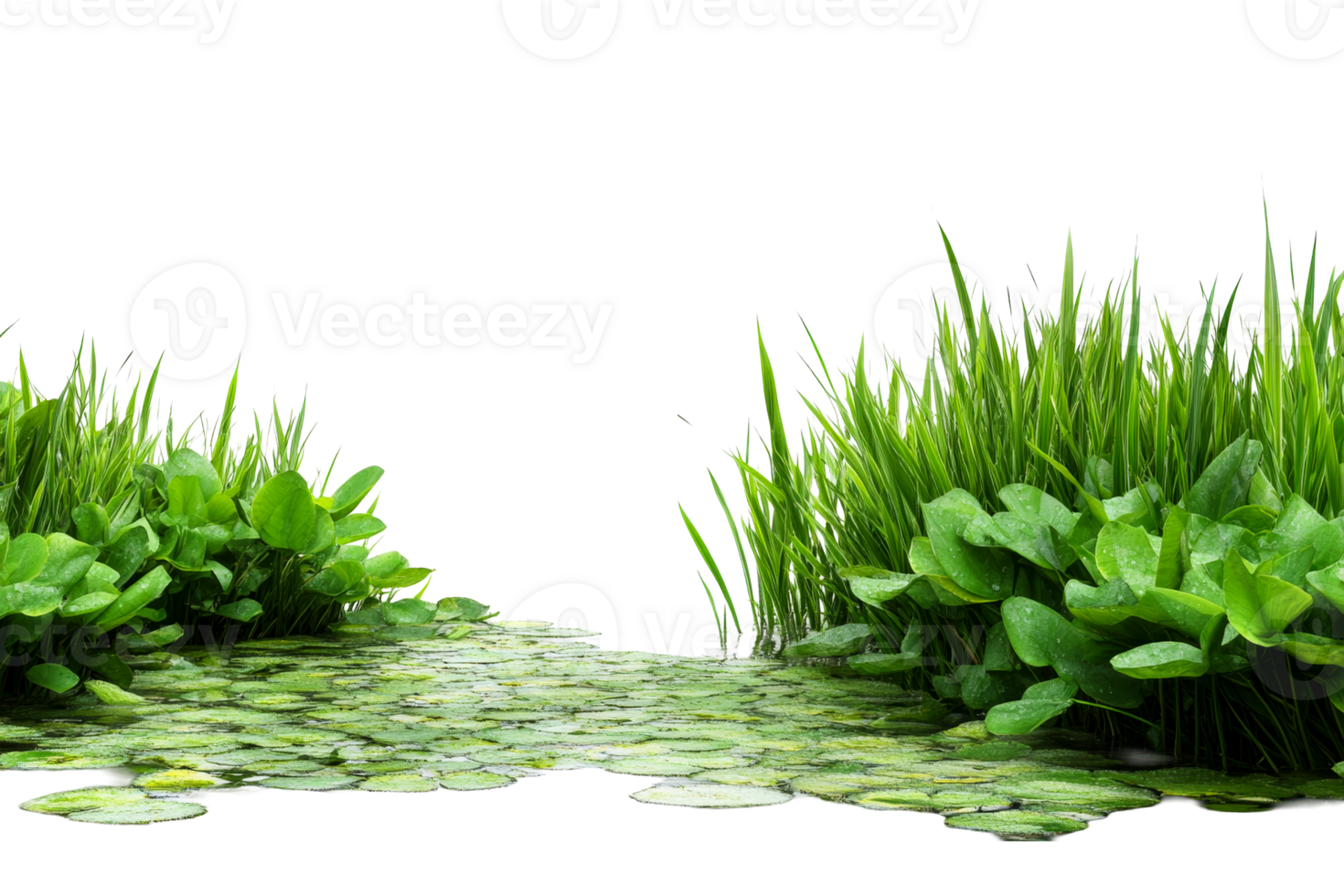 Lush greenery and lily pads creating a tranquil waterway scene png