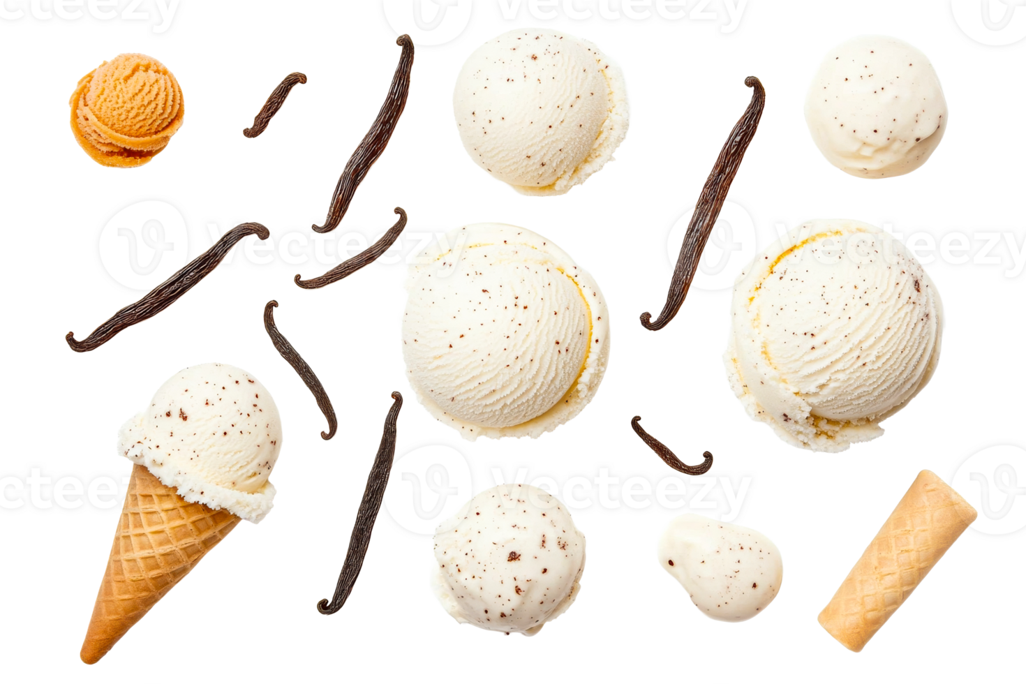 Creamy vanilla ice cream scoops with vanilla bean pods and cones png
