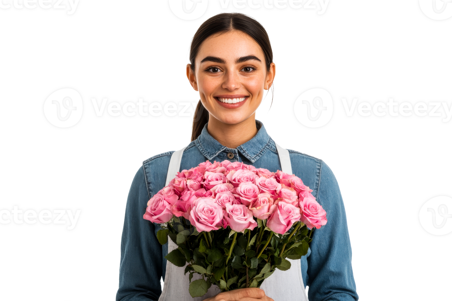 A woman smiles with a bouquet of pink roses png